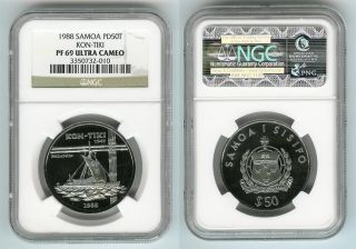 1988 Palladium Western Samoa 50 Tala Coin NGC Proof 69UC Kon Tiki