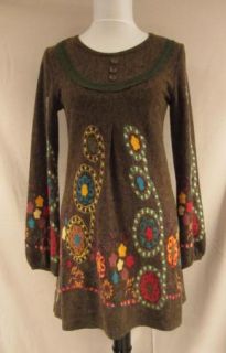 New Hazel Anthropologie Olive Flowers Retro Hippie Top Sweater Dress