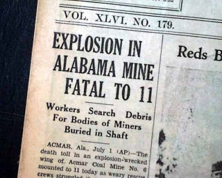 1941 World War II Newspaper Acmar Al Alabama Coal Mine Explosion