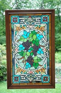  Stained Glass Grapes Window Panel w/ wooden frame , 22.75 X 36.5