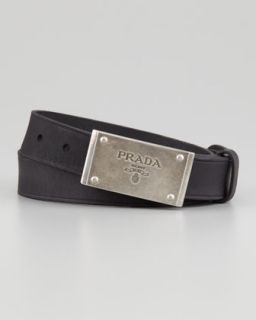 N21XT Prada Logo Plaque Leather Belt, Black