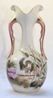  Bohemia Art Nouveau Porcelain Vase Amphora Shape Heron n Reeds Mint