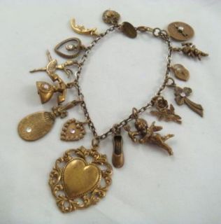 Vintage Bronze Tone Hidden Heart Romance Love Themed Charm Bracelet 7
