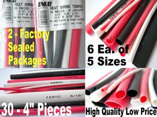 HEAT SHRINK TUBING~30  4Pieces~6 EA.of 1/16,1/8,3/16,1/4,5/16~Blk,Red