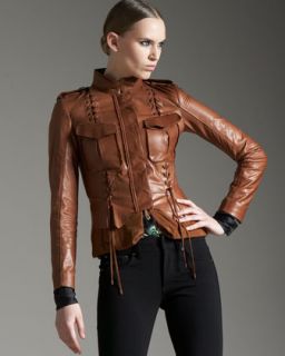 Roberto Cavalli Lace Up Detail Leather Jacket   