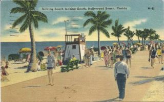 Bathing Beach Hollywood Florida Linen Postcard Swimsuits Ocean 1959