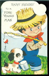 Vintage Greeting Card Happy Birthday to A Fine Young Man Boy Fishing