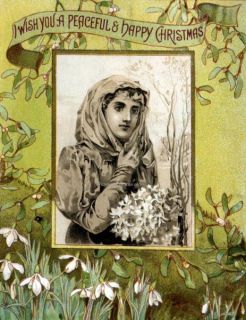Prang Christmas Woman w Mistletoe and Flowers REPRO GREETING CARD