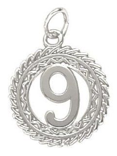 Rembrandt Charms Number 9 Charm, Rhodium Plated Silver Jewelry