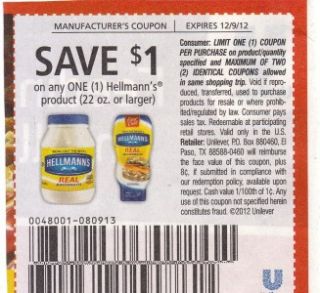 20) $1.00/1 HELLMANS PRODUCT COUPONS (EXP 12/9/12) ***HOT
