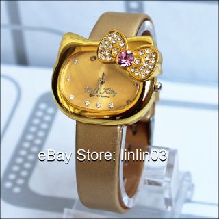 Fashion Hello Kitty Watch bow knot Cat Face Crystal Quartz Wristwatch