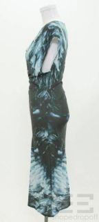 Helmut Lang Grey Blue Printed Asymmetrical Sleeve Cowl Neck Dress Size