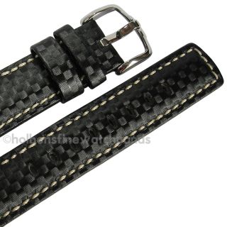 22mm Hirsch Carbon Fiber Black Leather Water Resistant Mens Watch Band