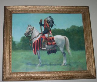 Vintage print, H.Y, Hintermeister, Indian Chief in Full Dress on Horse