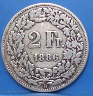 1886 B Switzerland Helvetia 2 Francs Great Swiss Silver Coin