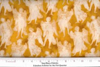Religious Angels on Gold Tea Stain Fabric by The Yard