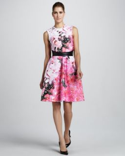 44CP Monique Lhuillier Floral Print Sleeveless Dress & Smooth Leather