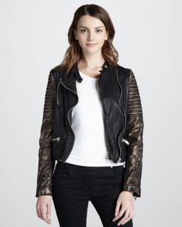 Vince Leather Motorcycle Jacket, Striped Turtleneck & Relaxed Pants