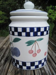 Hartstone Pottery Cookie Jar Fruit Salad Blue Checked Large Cherry