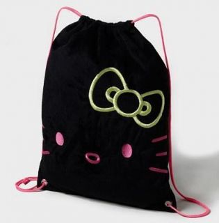 CB14 Hello Kitty Black Drawstring Backpack Bag Bookbag Neon Pink 17 1