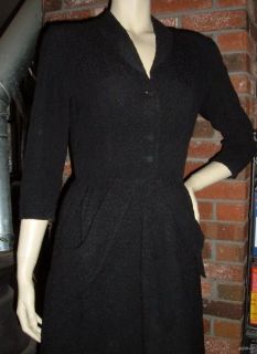 Vintage 40s Henry Rosenfeld Matelasse Black Dress s M Flared Swing LBD