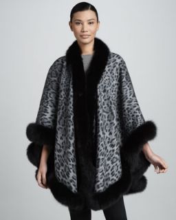 Sofia Cashmere Fox Fur Trimmed Cashmere U Cape, Leopard Print   Neiman