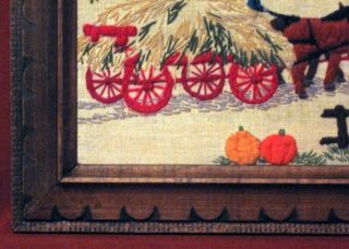Framed Farm Scene Crewel Hay Wagon Horses Barn Autumn Pumpkins Farmer