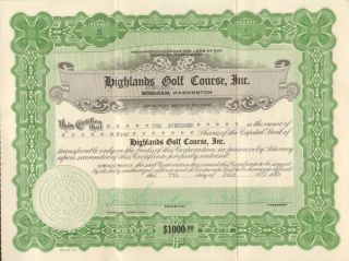 Highlands Golf Course Aberdeen Washington 1929 Stock Certificate Share