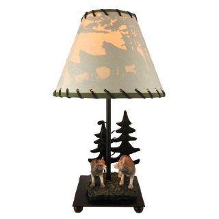 Gray Wolf Table Lamp W/ Forest Print Shade Nature Wolves