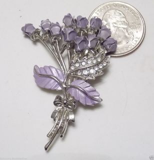 Lovely Lilac Purple Enamel Bouquet of Rose Bud Flowers Rhinestones Pin