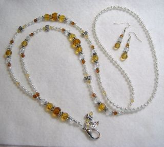 40 Golden Amber Crystals w Earrings Beaded Lanyard Necklace ID Pjlaw