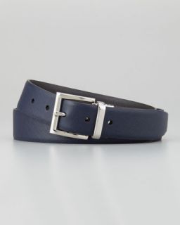 M046W Prada Saffiano Leather Reversible Belt, Navy/Gray