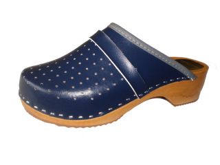Marited Handmade Clogs Wooden Sole Navy Blue Natural Leather
