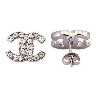 Double CC Style Stud Silver and Rhinestone Earrings