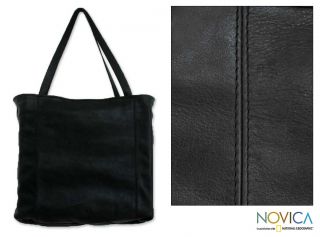 Versatile Black Hand Tooled Leather Tote Handbag Purse Novica Mexico