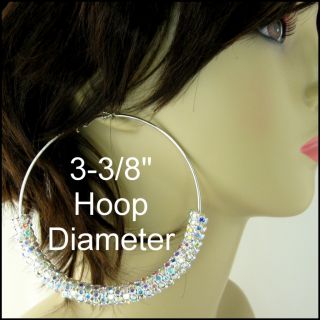 HoT* AB CRYSTAL RONDELLE Silver HOOP BASKETBALL WIVES Earrings 3.5