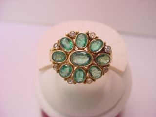 18KT YELLOW GOLD OVAL CUT EMERALDS AND ROSE CUT DIAMONDS RING