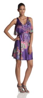 Halston Heritage Dress Womens Tiered Floral Print Silk Purple Coral 4