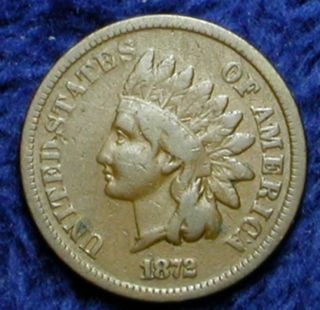 1872 Indian 1c Nice VG Key Date Collector Coin 436