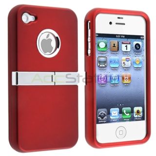 DELUXE Red SNAP ON HARD COVER CASE W/ CHROME STAND FOR iPhone 4 G 4S