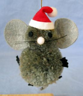 Vintage Christmas Ornament Pom Pom Mouse Yarn Felt Holiday Tree Gray