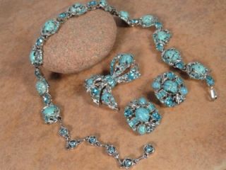 Vintage Hollycraft Parure Necklace Pin Earrings Set Rhinestone Blue