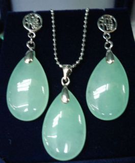 Fashion Set Jewelry Green Jade Pendant Earring Necklace Chain