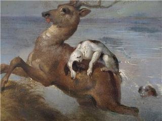 19th Century Oil Painting Hunting Scene Stag Dogs