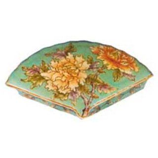 Hand painted chinese fan shaped porcelain trinket box with