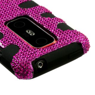 For HTC EVO 3D Hot Pink Bling Black Hard Rubber Armor Skin Case Phone
