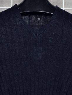 Hugo Boss Black V Neck Sweater Tansy Linen Ribbed Navy Blue New $245