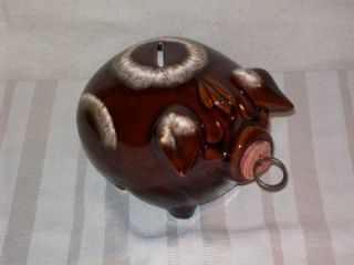 Vintage 1957 Hull Pottery Corky Pig Bullseye Piggy Bank   Dark Brown