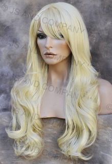 Human Hair Blend Wig Long Layered Wavy Curly Heat OK Bangs Pale Blonde