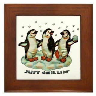 Framed Tile Christmas Penguins Just Chillin in Snow